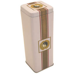 Apothekerdosen: Tee Yin Yang, Dose für Tee; lange, quadratische Stülpdeckeldose, weiß, bedruckt mit Yin Yang Motiv, aus Weißblech.