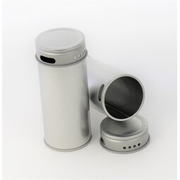 Schwarze Dosen: runde Stülpdeckeldose 40/90 mm mit Streulöcher am Rumpf und Deckel aus elektrolytischem Weißblech