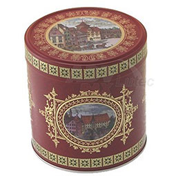 Themen: Lebkuchendose Nürnberg; Dose für Lebkuchen, runde Stülpdeckeldose aus Weißblech, rot mit dekorativem Altstadt-Motiv.