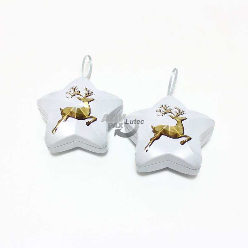 Christbaumkugel, Weihnachtsbaumschmuck, Weihnachtsdose: Sternform mit Motiv Rentier gold auf weiß. Außenseiten