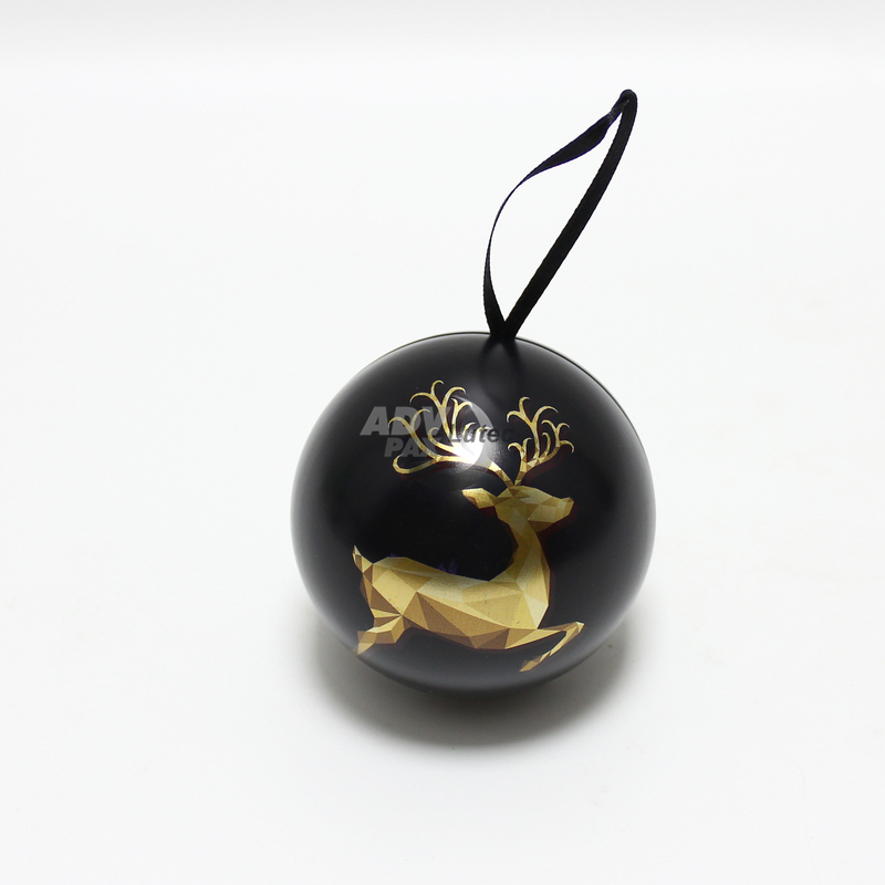 Christbaumkugel, Weihnachtsbaumschmuck, Weihnachtsdose: Kugelform mit Motiv Rentier gold auf schwarz