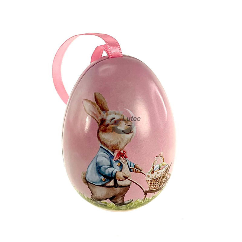 Metalldose in Form eines Ostereis mit Motiv Osterhase. Nachhaltige Option für Osterschmuck und Verpackung für Pralinen, Gebäcke und andere köstliche Leckereien.