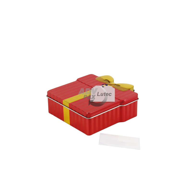 Schmuckdose Geschenkdose rot gestreift mit goldener stilisierter Schleife, Weißblechdose geschlossen liegend, isometrische Ansicht