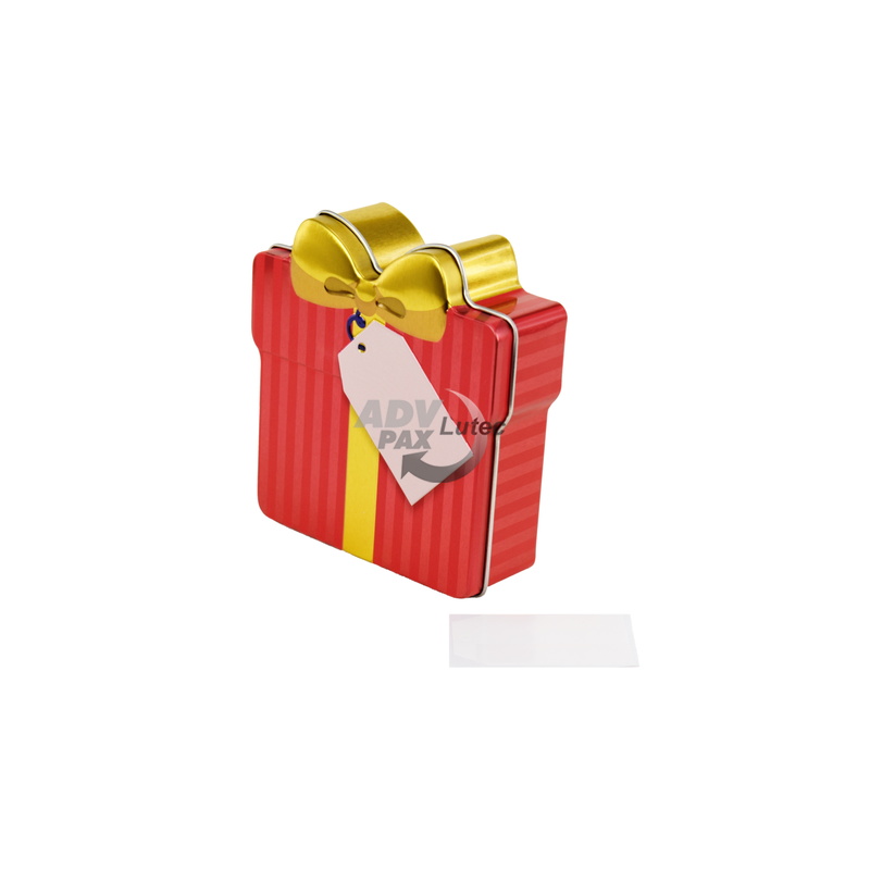 Schmuckdose Geschenkdose rot gestreift mit goldener stilisierter Schleife, Weißblechdose geschlossen stehend, halb schräge Ansicht