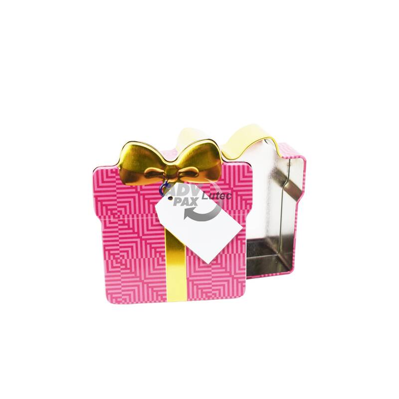 Schmuckdose Geschenkdose pink mit goldener stilisierter Schleife, Weißblechdose Ansicht liegend, Deckel und Höhe gut sichtbar