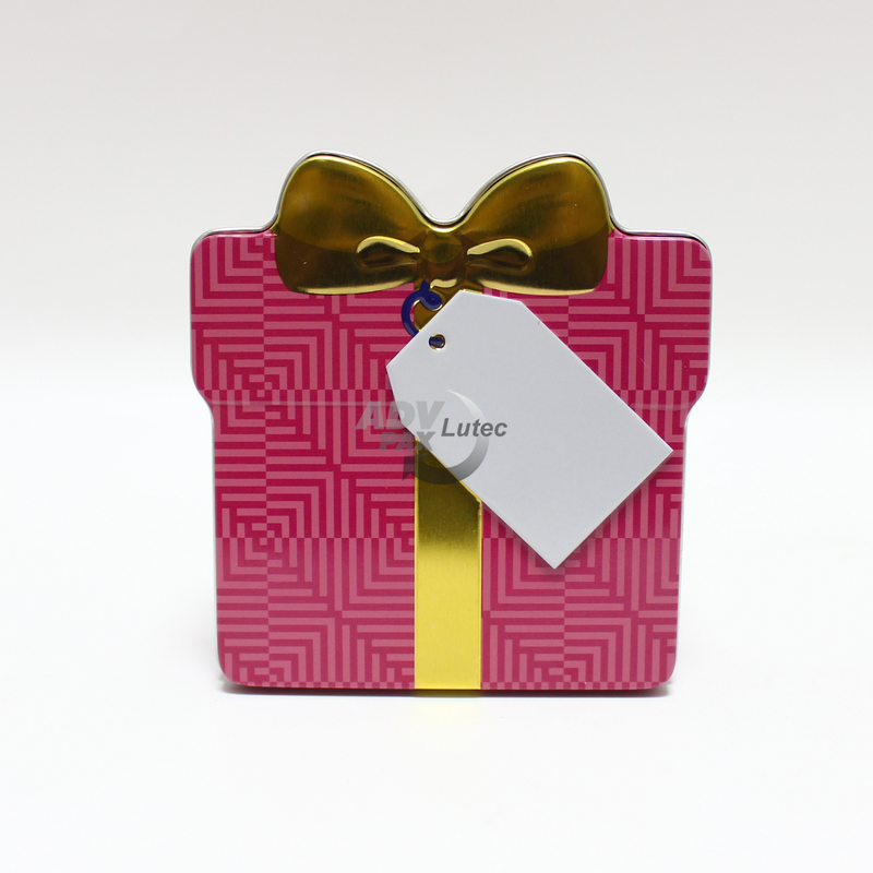 Schmuckdose Geschenkdose pink mit goldener stilisierter Schleife, Weißblechdose Draufsicht stehend