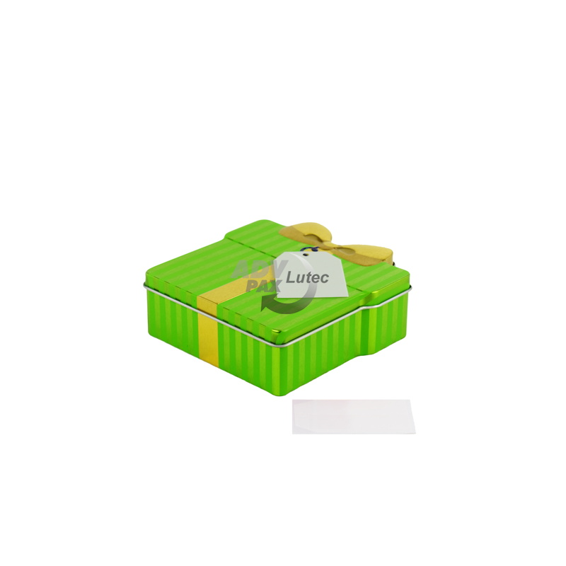 Schmuckdose Geschenkdose grün gestreift mit goldener stilisierter Schleife, Weißblechdose geschlossen liegend, isometrische Ansicht