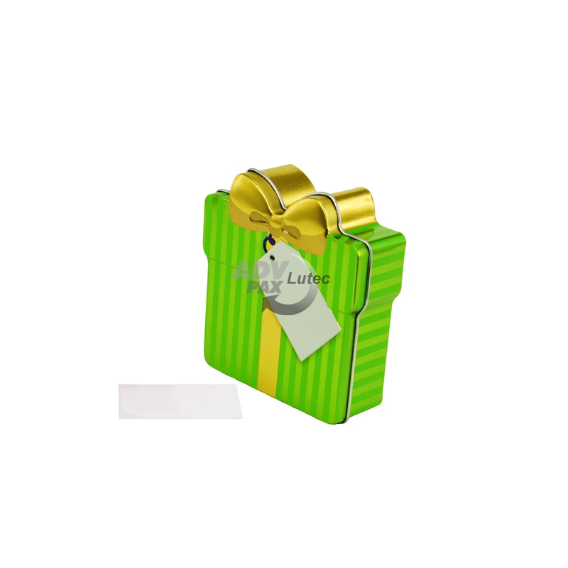Schmuckdose Geschenkdose grün gestreift mit goldener stilisierter Schleife, Weißblechdose geschlossen stehend, halb schräge Ansicht