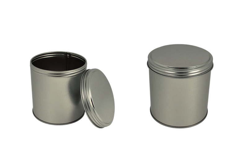 Runde Schraubdeckeldose aus Weißblech in geschlossener und offener Ansicht