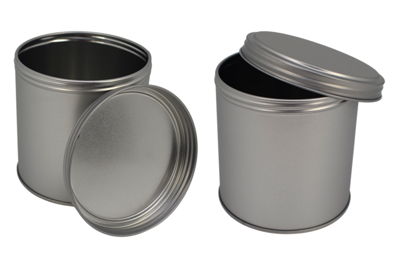 Runde Schraubdeckeldose aus Weißblech in Vollansicht mit geöffnetem Deckel