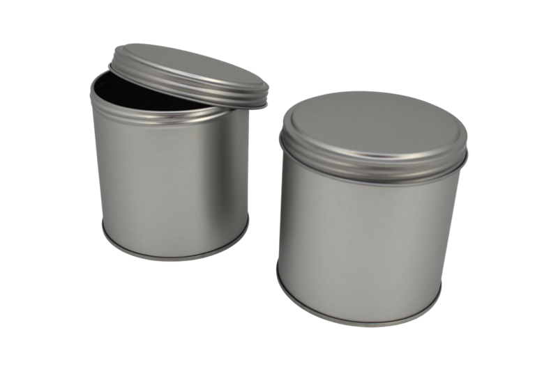 Runde Schraubdeckeldose aus Weißblech mit geöffnetem Deckel