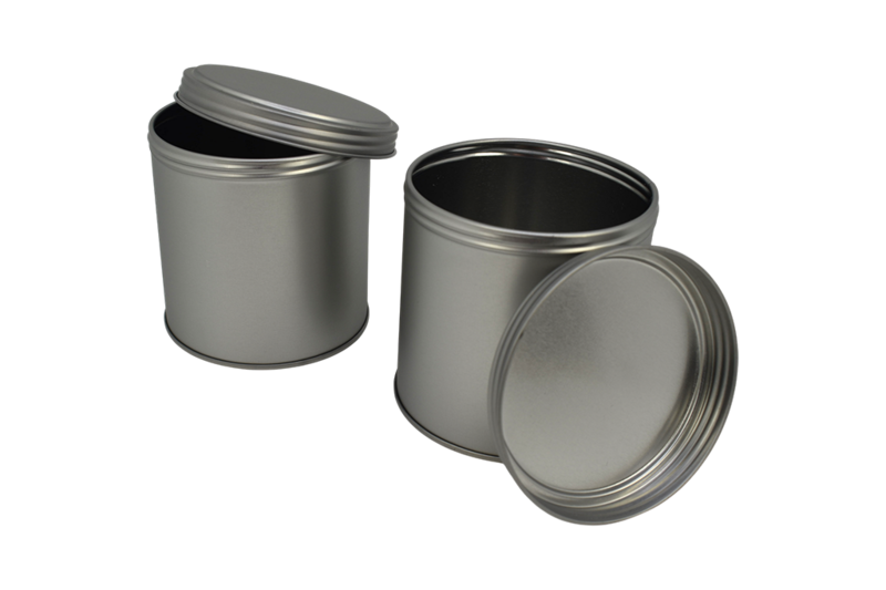 Runde Schraubdeckeldose aus Weißblech mit geöffnetem Deckel