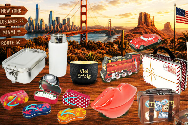 Sonderform-Dosen und individuelle Metallverpackungen von ADV PAX Lutec im USA-Roadtrip-Setting als kreative Verpackungslösung für Fußball-WM Aktionen, Promotions und sommerliche Kampagnen.