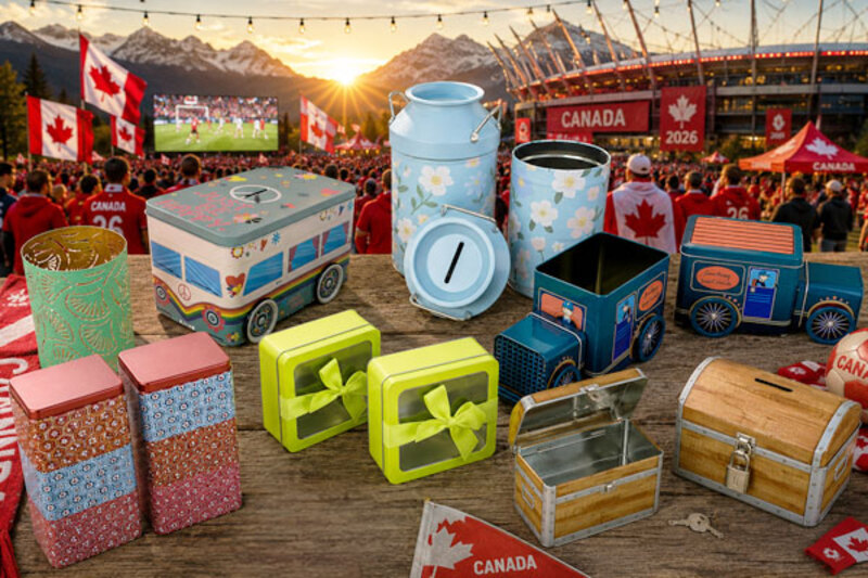 Individuelle Metalldosen und Weißblechdosen von ADV PAX Lutec im Kanada-Setting mit Reise- und Public-Viewing-Thema für Fußball-WM 2026, Sommeraktionen und Promotion-Kampagnen.