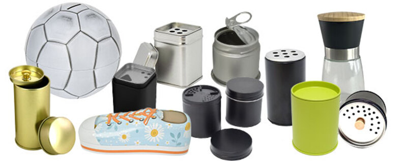 Collage mit Frühlingsdosen, Fußball-Spardosen, Gewürzdosen und weiteren Weißblechdosen von ADV PAX Lutec für saisonale Promotionen, Fußball-WM Aktionen und individuelle Metallverpackungen.