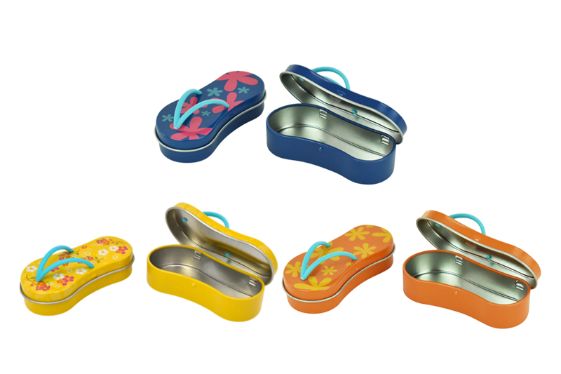 Sommerliche Flip-Flop-Dosen aus Metall in Blau, Gelb und Orange – kreative Blechdosen für Geschenkartikel und Promotion-Aktionen