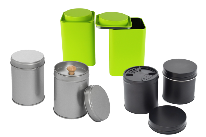 Metalldosen in Grün, Silber und Schwarz für Tee, Kräuter, Gewürze und Aromaprodukte
