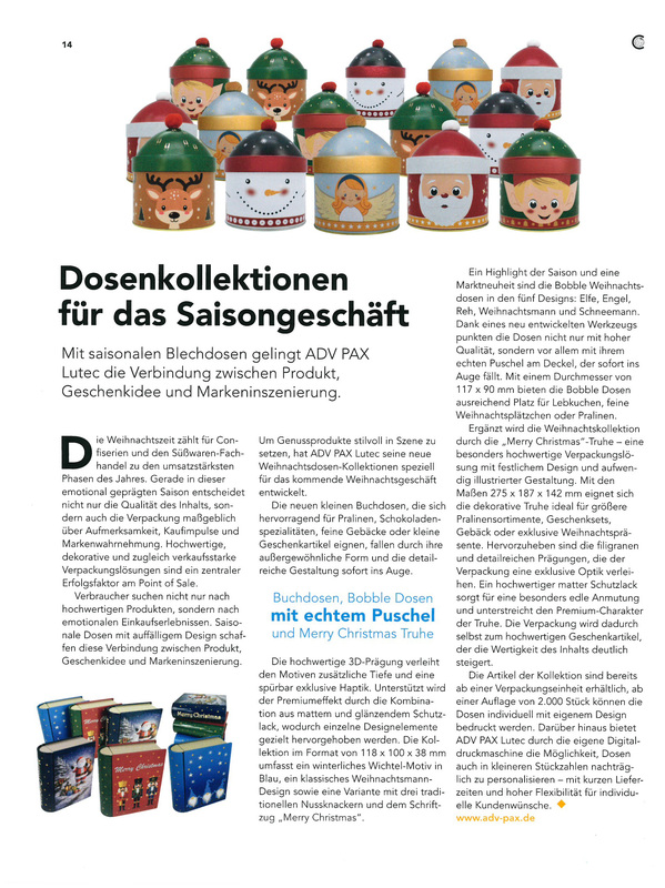 Redaktioneller Beitrag von ADV PAX Lutec in der Confiserie Welt über Weihnachtsdosen und saisonale Metallverpackungen für Confiserie und Süßwaren