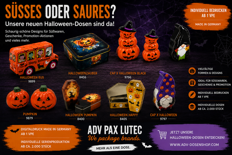 Halloween-Dosen aus Metall von ADV PAX Lutec in verschiedenen Formen und Designs für Süßwaren, Geschenke und Promotion