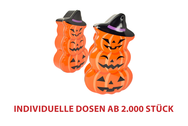 Halloween-Dosen in außergewöhnlicher Kürbisform mit Hexenhut als kreative Metallverpackung für saisonale Aktionen