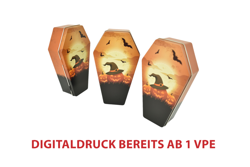 Sargförmige Halloween-Dosen aus Metall mit Kürbis- und Fledermausmotiv als individuell bedruckbare Verpackung