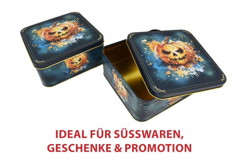 Rechteckige Halloween-Dosen aus Metall mit Kürbismotiv für Süßwaren, Geschenke und saisonale Promotion-Aktionen