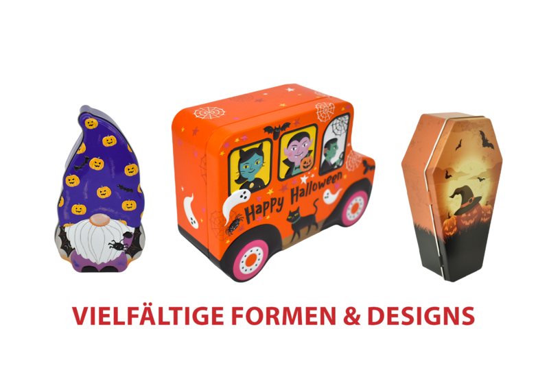 Halloween-Metalldosen in verschiedenen Sonderformen mit Halloween Bus, Figuren- und Sargdose von ADV PAX Lutec