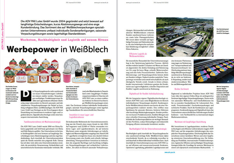 Redaktioneller Beitrag über ADV PAX Lutec im PSI Journal zum Thema Weißblechverpackungen, Wachstum, Logistik und Digitaldruck