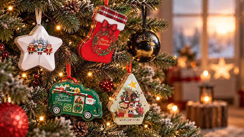 Wiederverwendbarer Baumschmuck aus Metall mit weihnachtlichen Motiven als dekorative Anhänger am Weihnachtsbaum