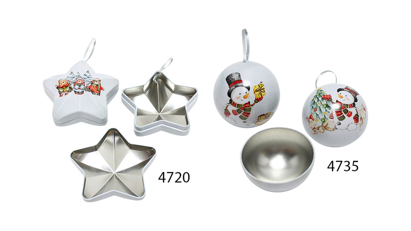 Befüllbarer Baumschmuck aus Weißblech in Stern- und Kugelform – wiederverwendbare Metalldosen für Weihnachten