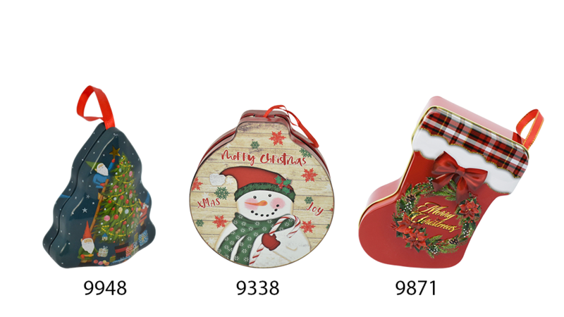 Wiederverwendbarer Baumschmuck aus Weißblech zum Befüllen in Weihnachtsbaum-, Kugel- und Stiefelform mit weihnachtlichen Motiven
