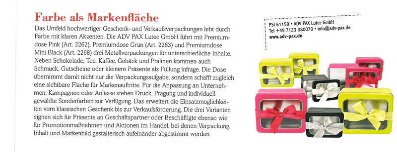 PSI Journal Beitrag „Farbe als Markenfläche“ über die farbigen Premiumdosen und Metallverpackungen von ADV PAX Lutec