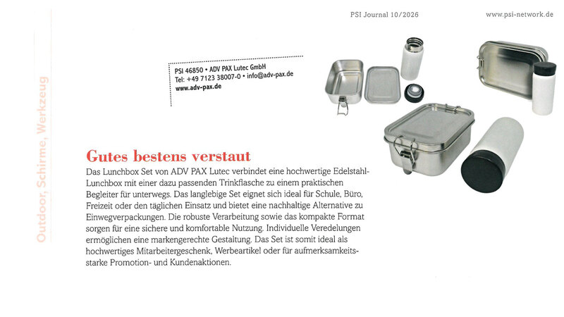 PSI Journal Beitrag „Gutes bestens verstaut“ über das Lunchbox Set aus Edelstahl mit Trinkflasche von ADV PAX Lutec