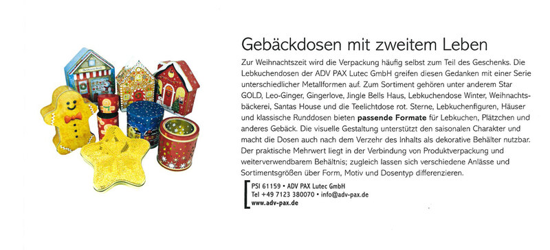 PSI Journal Beitrag „Gebäckdosen mit zweitem Leben“ über festliche Lebkuchen- und Gebäckdosen aus Metall von ADV PAX Lutec