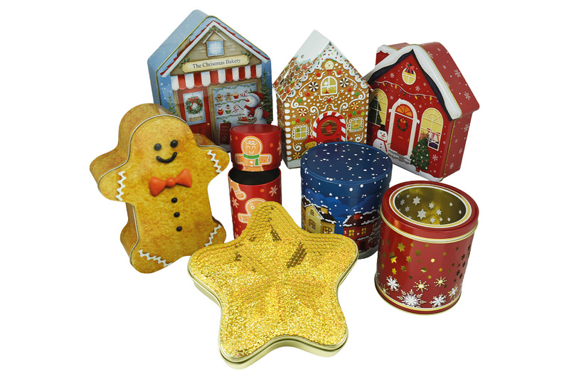 Festliche Lebkuchen- und Gebäckdosen aus Metall in verschiedenen Formen und Weihnachtsdesigns von ADV PAX Lutec