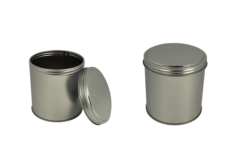 Runde Schraubdeckeldose aus Weißblech in geschlossener und offener Ansicht