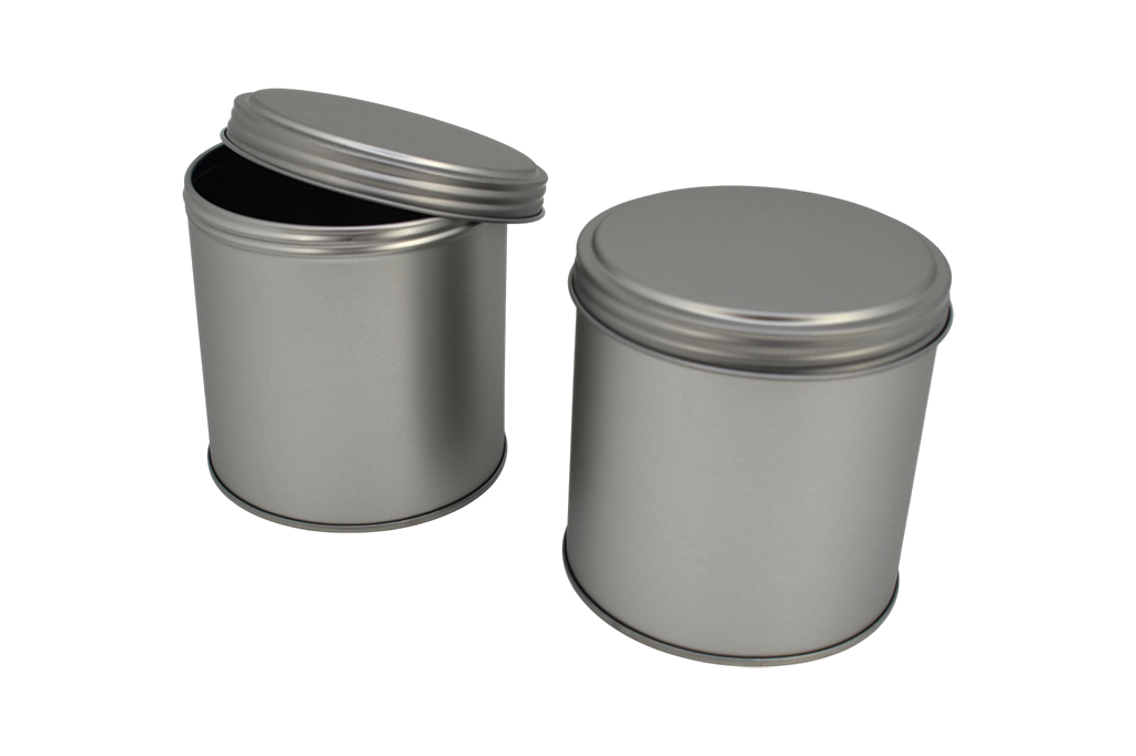 Runde Schraubdeckeldose aus Weißblech mit geöffnetem Deckel