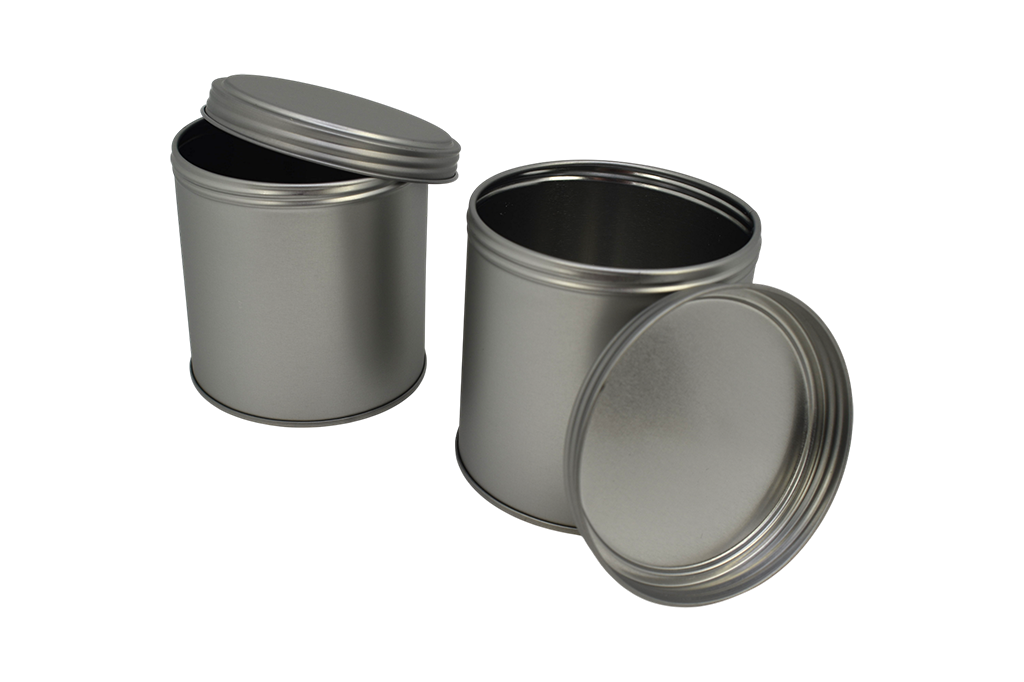 Runde Schraubdeckeldose aus Weißblech mit geöffnetem Deckel