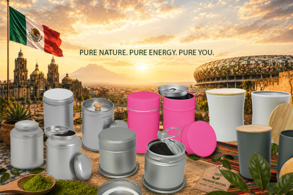 Teedosen und Matcha-Dosen aus Weißblech im Mexico-Style mit natürlichem Setting und grünen Akzenten für Sommeraktionen, Fußball-WM Promotions und individuelle Metallverpackungen.