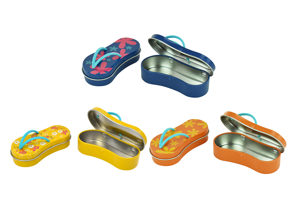 Sommerliche Flip-Flop-Dosen aus Metall in Blau, Gelb und Orange – kreative Blechdosen für Geschenkartikel und Promotion-Aktionen