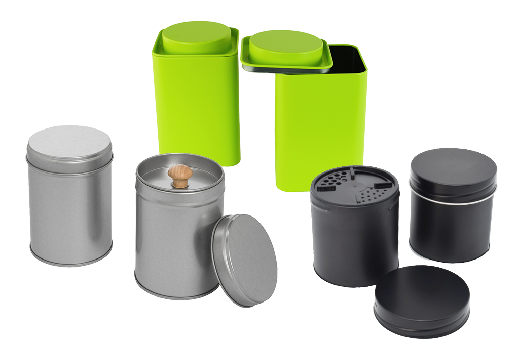 Metalldosen in Grün, Silber und Schwarz für Tee, Kräuter, Gewürze und Aromaprodukte
