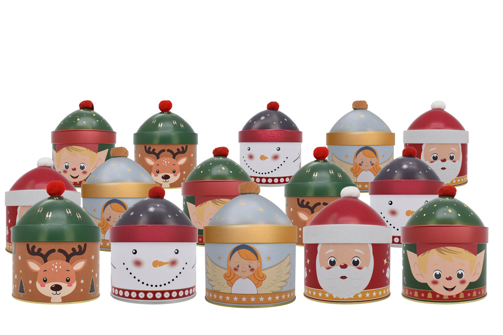 Bobble Weihnachtsdosen aus Metall mit echtem Puschel in fünf Designs – Elfe, Reh, Schneemann, Engel und Weihnachtsmann