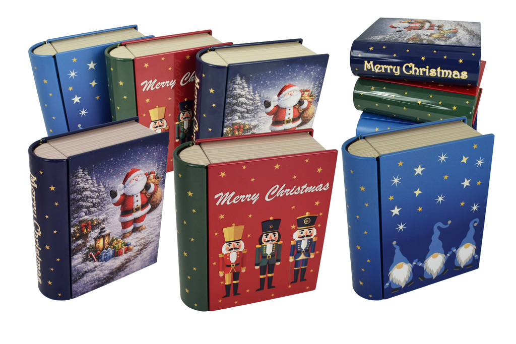Weihnachtliche Buchdosen aus Metall mit Wichtel-, Weihnachtsmann- und Nussknacker-Motiven als dekorative Geschenkverpackungen