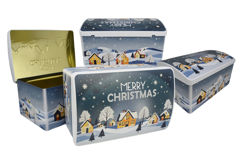 Merry Christmas Truhe aus Metall mit winterlichem Weihnachtsdesign als hochwertige Geschenkverpackung für Pralinen, Gebäck und Confiserie