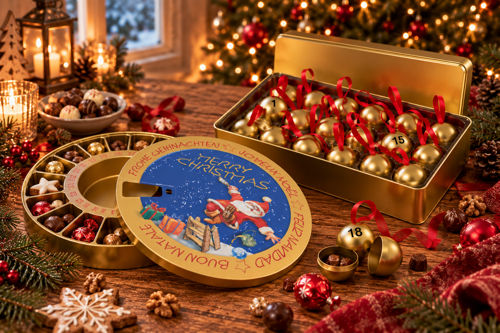 Wiederverwendbarer Adventskalender aus Metall mit 24 befüllbaren Kugeln aus Weißblech als nachhaltige Geschenkidee für Weihnachten