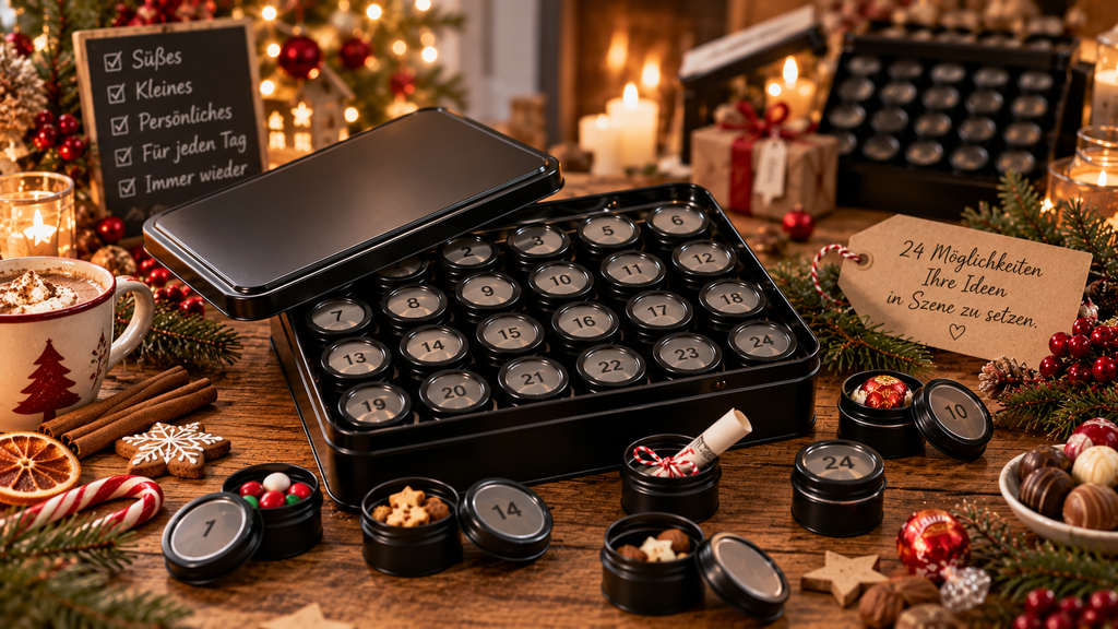 Adventskalender zum selber Befüllen aus Metall mit 24 nummerierten Dosen – wiederverwendbarer und nachhaltiger Adventskalender für individuelle Weihnachtsgeschenke