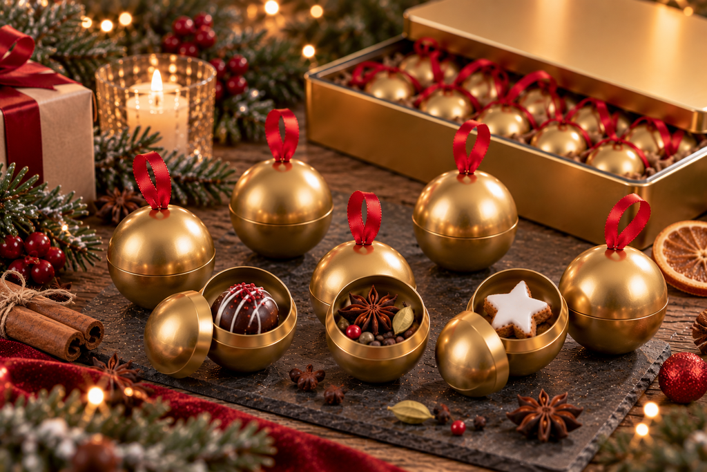 Wiederverwendbarer Adventskalender aus Metall mit befüllbaren Weihnachtskugeln aus Weißblech – nachhaltige Verpackung für Süßigkeiten, Pralinen und kleine Geschenke