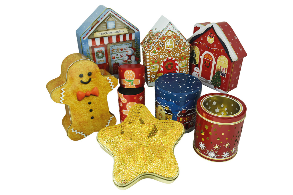 Festliche Lebkuchen- und Gebäckdosen aus Metall in verschiedenen Formen und Weihnachtsdesigns von ADV PAX Lutec