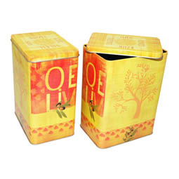 Verpackungsdosen: Vorratsdose aus Metall; rechteckige Stülpdeckeldose, bedruckt, Motiv Olive, aus Weißblech.