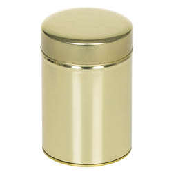 Dose, für ca. 100 Gramm Tee; runde Stülpdeckeldose mit Innendeckel, goldfarben, aus Weißblech.